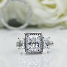 2Ct Radiant Cut Moissanite Three Stone Engagement Ring 14K White Gold Plated