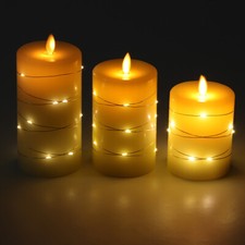 Set of 3 LED Candles String Lights Fake Wax Wick Flicker Battery Operated Remote