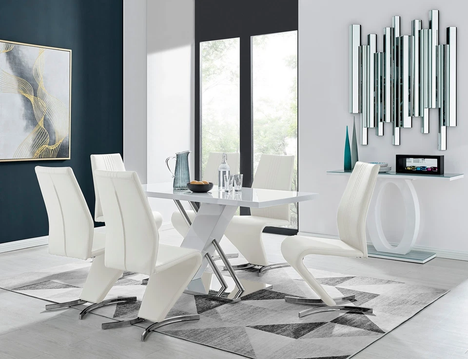 SORRENTO White High Gloss Chrome Dining Table and 6 Faux Leather Willow Chairs