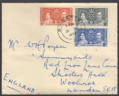 AOP Straits Settlements 1937 Coronation FDC Singapore to UK
