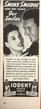 1941 Iodent Tooth Powder Toothpaste PRINT AD Cigarette Smoke Smudge VTG 1940s