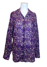 Coldwater Creek No Iron Floral Shirt M Purple Lightweight Artsy Hidden Button