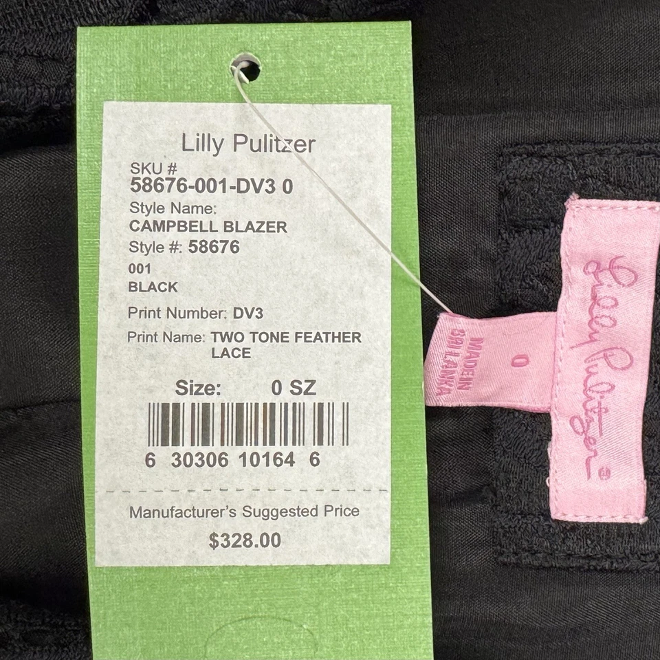 Blazer Lilly Pulitzer Campbell Dos Tonos Pluma Encaje Negro Azul Talla 0 Nuevo con Etiquetas Foto 3 de 4