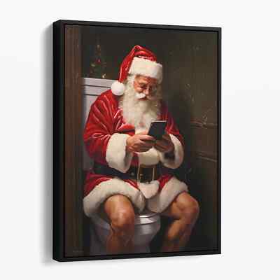 Santa Claus on His Phone on the Toilet Funny Christmas Canvas Print Wall Art