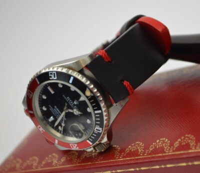 MA WATCH STRAP 22 20 18 MM BLACK RED GENUINE LEATHER