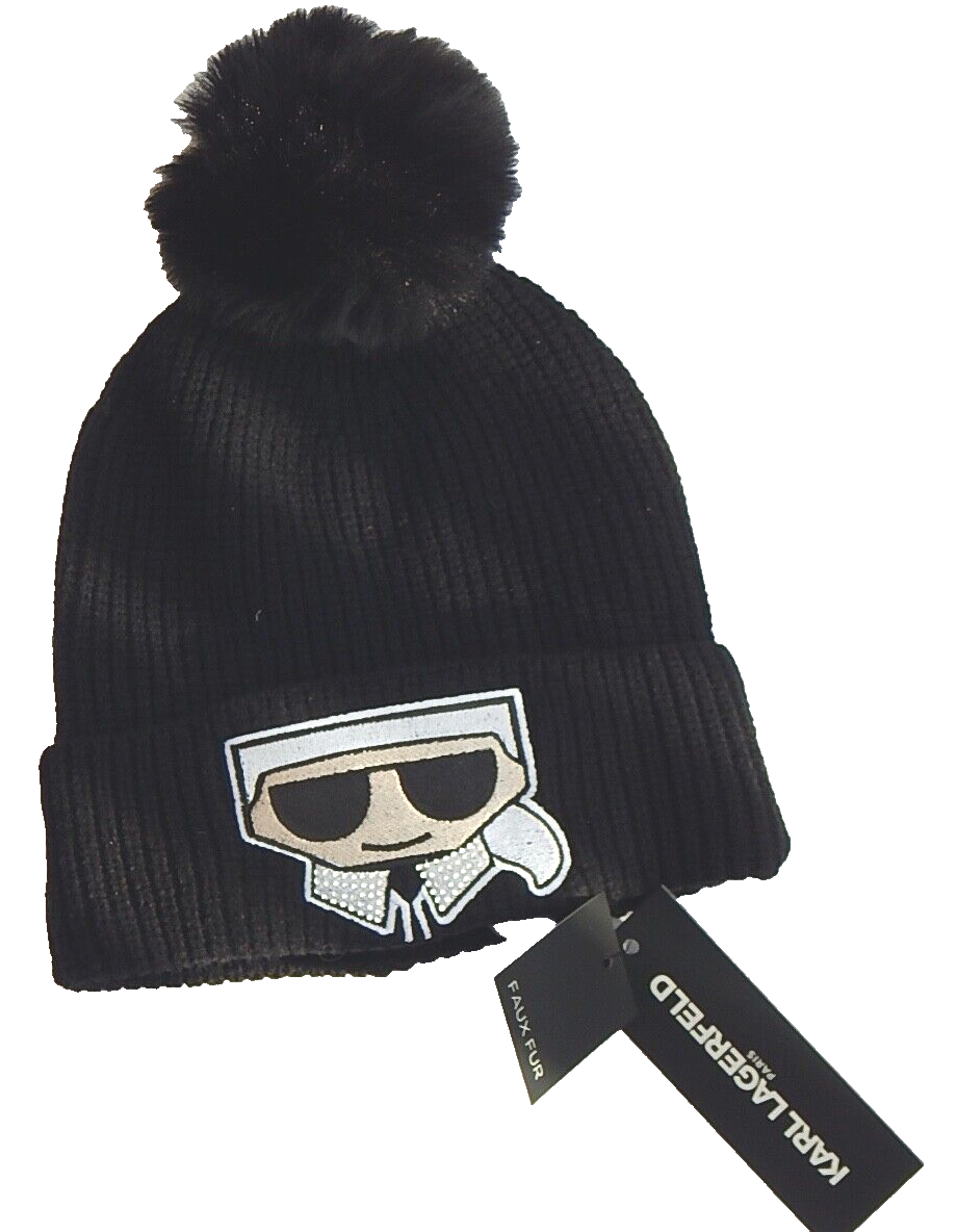 KARL LAGERFELD PARIS BLACK KNIT LOGO BEANIE HAT NEW  display picture 1