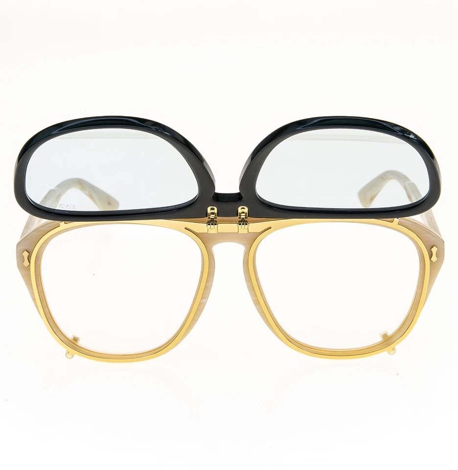 GUCCI AUTHENTIC 0128 Horn Black Blue Clip Retro Aviator Sunglasses GG0128S 008 - Image 2 of 4