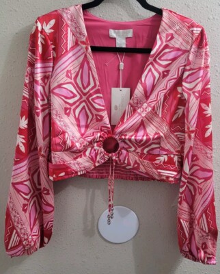 Caroline Constas Deep Pink Satin Tribal Print Long Sleeve Blouse Size LG NEW