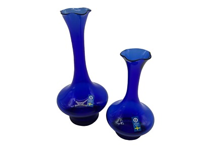Bergdale Vtg Swedish Cobalt Blue Art Glass Vases Set of 2 Ruffled Rim Long Neck