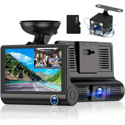 3-Channel Dashcam Front And Rear Interior, 1080p 4-Inch 170 ° Wide-Angle Dashcam