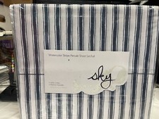 Sky Watercolor Stripe Percale 4 Piece Sheet Set, Size Full Navy New