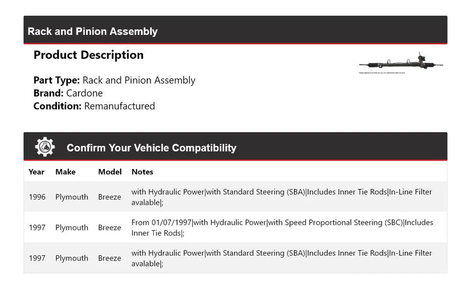 For 1996-1997 Plymouth Breeze Rack and Pinion Assembly Cardone - Image 2 of 4