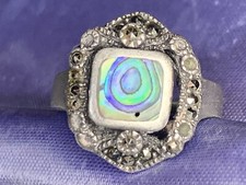 VINTAGE STERLING SILVER MARCASITE ABALONE SHELL FILLIGREE RING SIZE 7 SIGNED CW