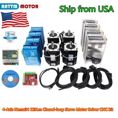 「US」4 Axis CNC Kit Nema34 Closed Loop Servo Motor 12N.m Driver USB Mach3 Board