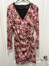 GUESS Floral Sheath Dress Womens 10 Deep V Neck Long Sleeve Ruched Lined Stretch