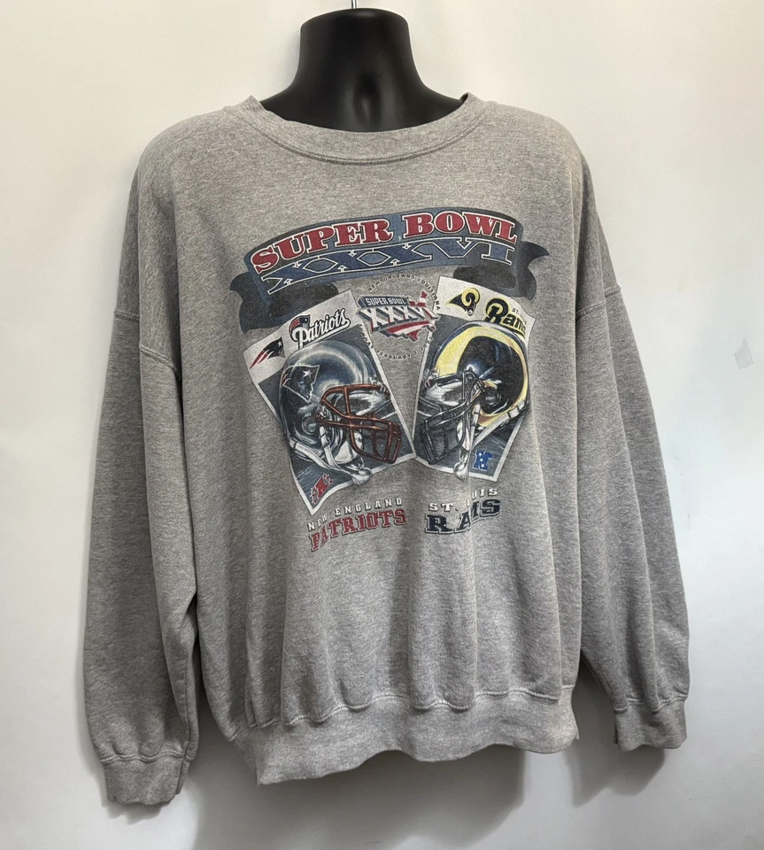 Sudadera De Colección Super Bowl XXXVI 2002 Patriots vs St. Louis Rams 2XL Envejecida Foto 2 de 4