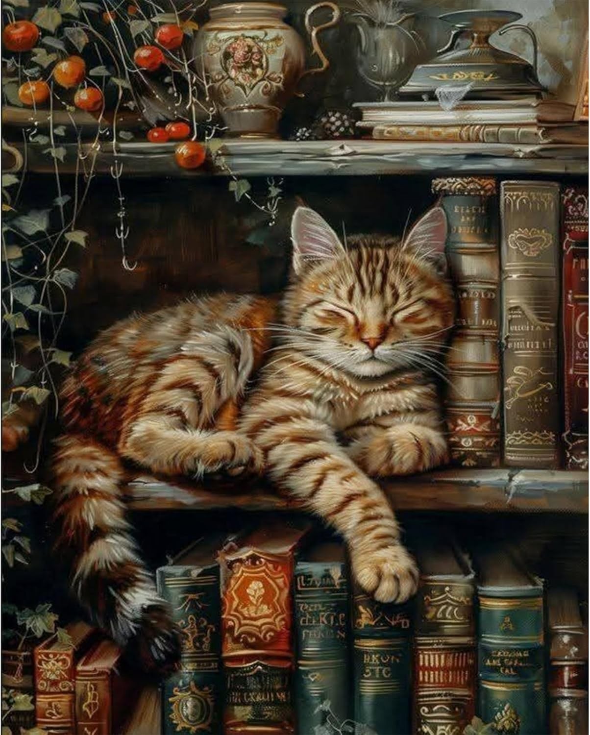 OkarinaArt Paint by Numbers for Adults Cat - Bookshelf Adult Paint by Numbers K