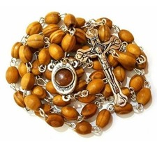 BLESSED  CATHOLIC Rosary Necklace Olive Wood Oval Beads Jerusalem Soil FREESHIP