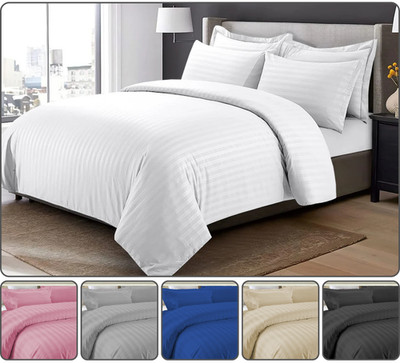 3-TEILIGES BETTWÄSCHESET LUXUS HOTEL QUALITÄT BAUMWOLLE SATIN STREIFEN WEISS BETTWÄSCHE SET