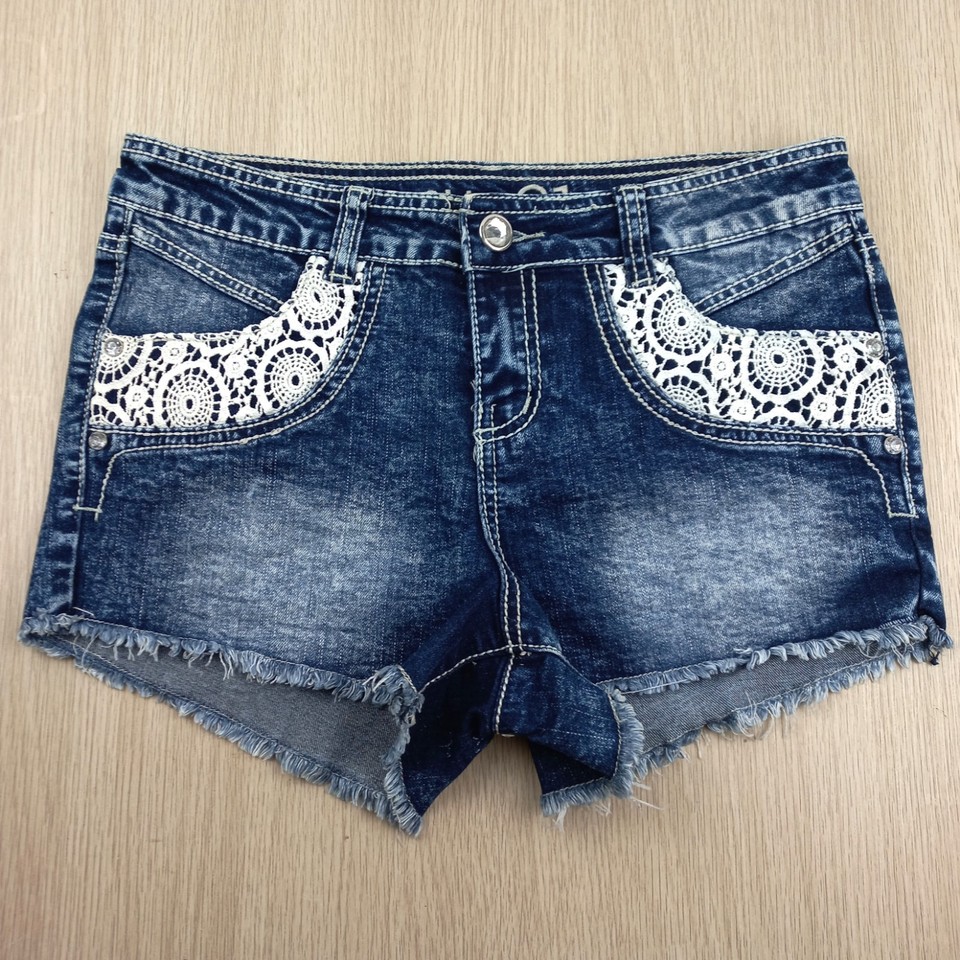 RUE 21 Denim Shorts Women's Size 11/12R Stretch Cut-Off Lace Pocket Feature Blue