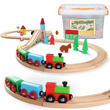SainSmart Jr. Wooden Train Set for Toddler with Double-Side Train Tracks Fits...