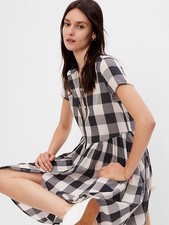 GAP Empire Waist Mini Dress Womens XS Black Gray Checkered Short Sleeve Plaid