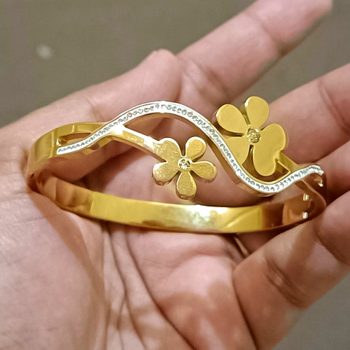 Gold Tone Floral Flower Cuff Bangle Bracelet with Clear Round Crystals