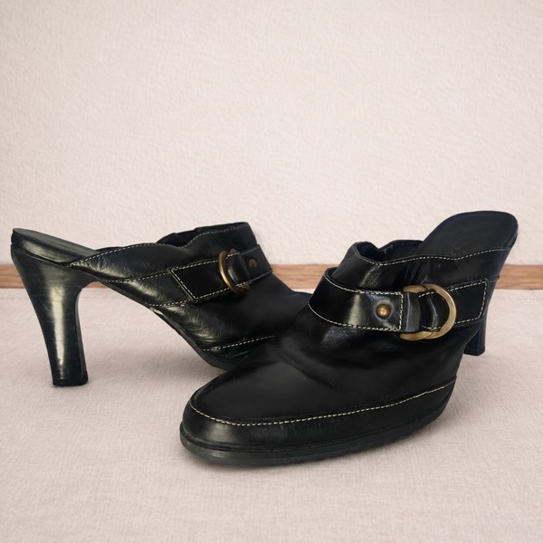 Y2K Leather Gothic Clog Shoes Cark Academia Steampunk Black Corelli Buckle Heels