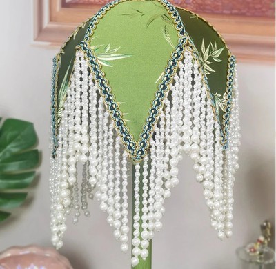TOBBOMEY Small Green Tassel Cloth Lampshade – E27 Socket, Metal Bracket, Boho Style – For Table Lamp, Bedside Desk Lamp, Indoor Decor – Vintage-Inspired, Dust Cover