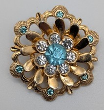 Vintage Gold Tone Aquamarine Blue Clear Rhinestone Floral Brooch Pin