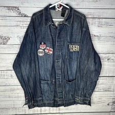 Vintage Y2K Rocawear Denim Jean Jacket Embroidered Patches Baggy Hip-Hop Rap 2XL
