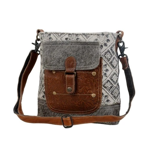 Myra Womens Shoulder Bag Perfect Mania Hair On Hide Canvas Leather Grey S-2860
