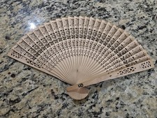 Vintage Style Carved Wood Hand Fan 13" - Intricate Floral Openwork Folding Fan