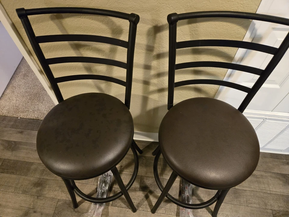 Pair Of Barstools. Brown Leather Seat, Back, Swiveling - Image 3 of 4