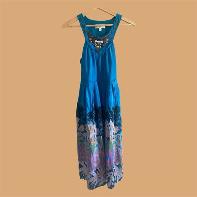 Anthropologie Moulinette Soeurs Women 0 Silk Floral Dress Beaded Aztec Art  | eBay