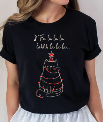Holiday Christmas Cat T-Shirt Tee Top for Cat Lovers Size L