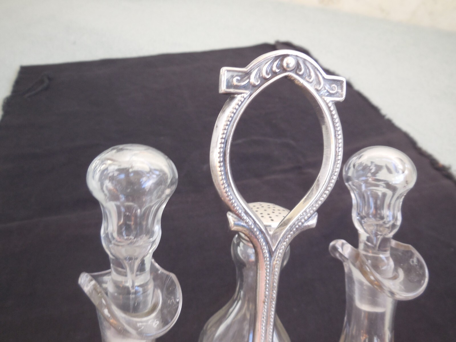 Antique Oil and Vinegar Set/Dispensers silver plated metal, original glasses