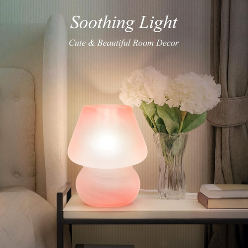 Mushroom Lamp Cute Table Lamp for Bedroom Nightstand Soft Light Pink, Small Glas - Picture 3 of 12