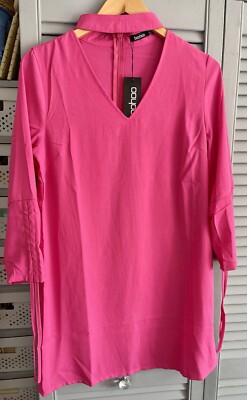 Boohoo Choker Plunge Ruched Tie Sleeve Shift Dress Size 10- PINK