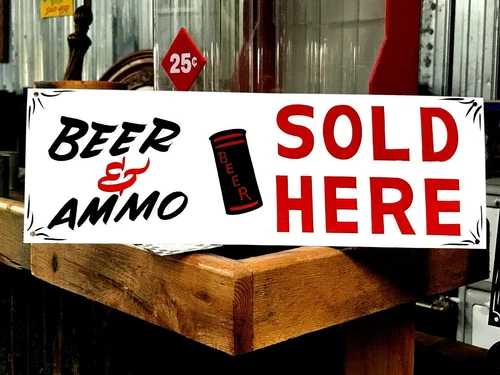 Vintage Hand Painted Metal BEER AMMO Gun Shop Store Hunting Sporting Goods Sign