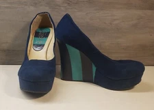 Navy Blue + Aqua Suede Wedge Platform Heels Woman's 8.5 Mexico 25.5