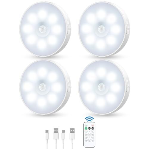 Motion Sensor Puck Light with Remote, Wireless Dimmable Under 4 Pack Cool White