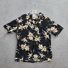 VINTAGE Paradise Found Men Button Up Shirt L Black Floral Hawaiian Collar READ