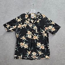 VINTAGE Paradise Found Men Button Up Shirt L  Black Floral Hawaiian Collar READ