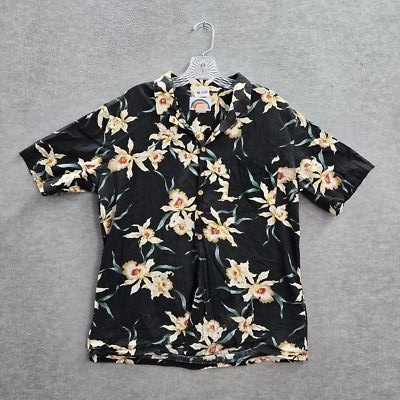 VINTAGE Paradise Found Men Button Up Shirt L  Black Floral Hawaiian Collar READ