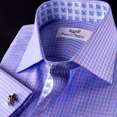 NEW Arrival Purple Blue Check WIth Blue Fleur-De-Lis Dress Shirt French Cuffs