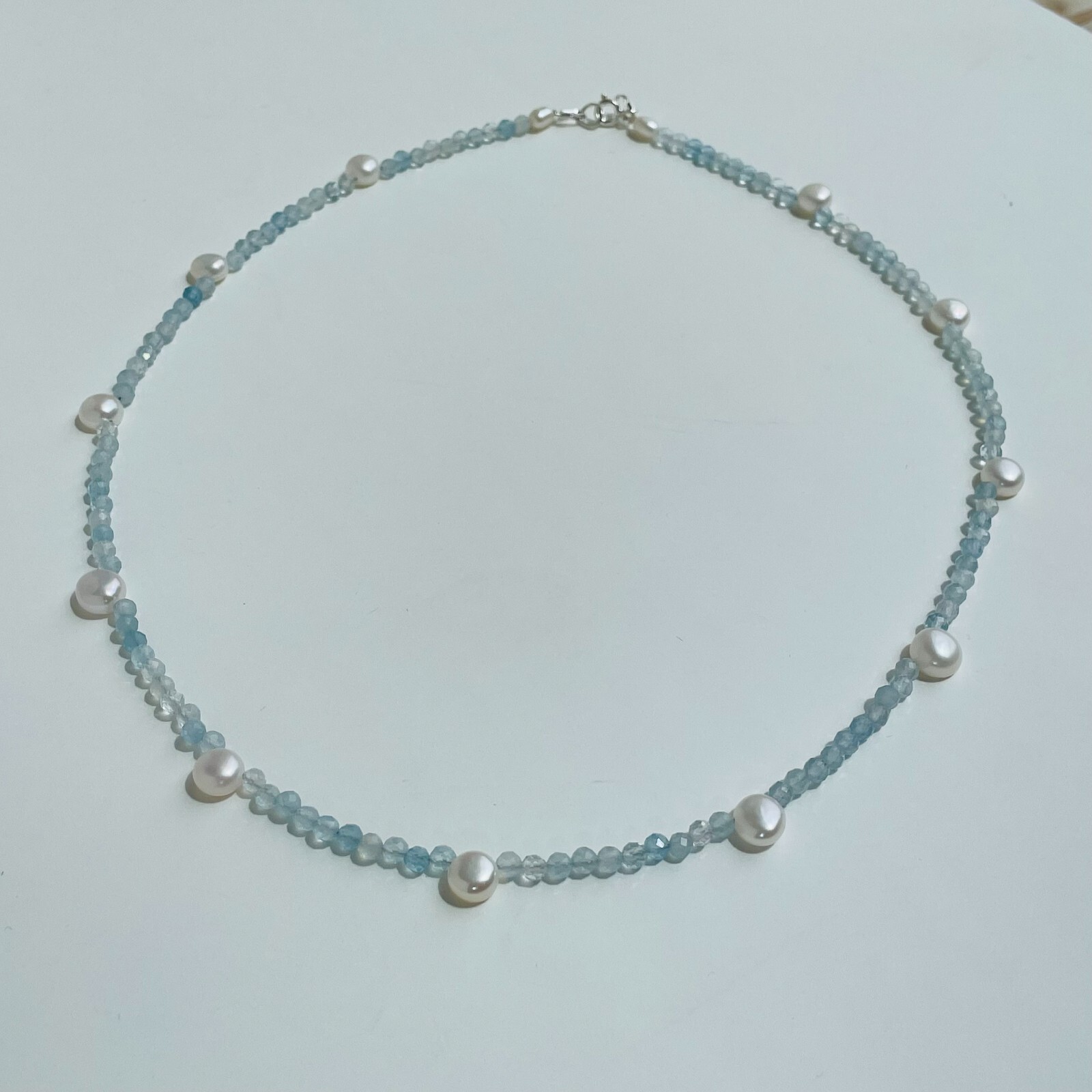 Collier argent perles de culture et pierre précieuse aigue-marine véritable #1645