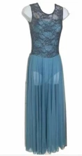 REVOLUTION DANCE Adult Small Light Blue Lace/Sequin Sleeveless Top / Sheer Bottm