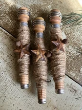 Set/3 Primitive Bowl Filler 7" Wood Spool Bobbin w/Jute Rusty Bell Star Pin