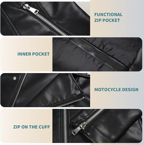 Mens Faux Leather Jacket, Padded Windbreaker, Motorcycle Biker Bomber Coat with - Picture 3 of 10